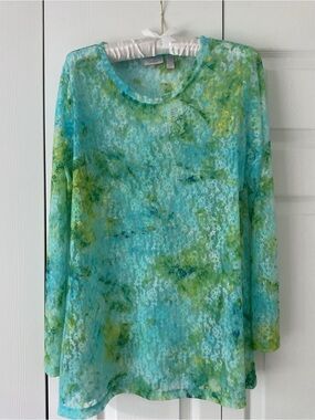 Logo Lightweight Aqua Green Lace Long-Sleeve Tunic Top